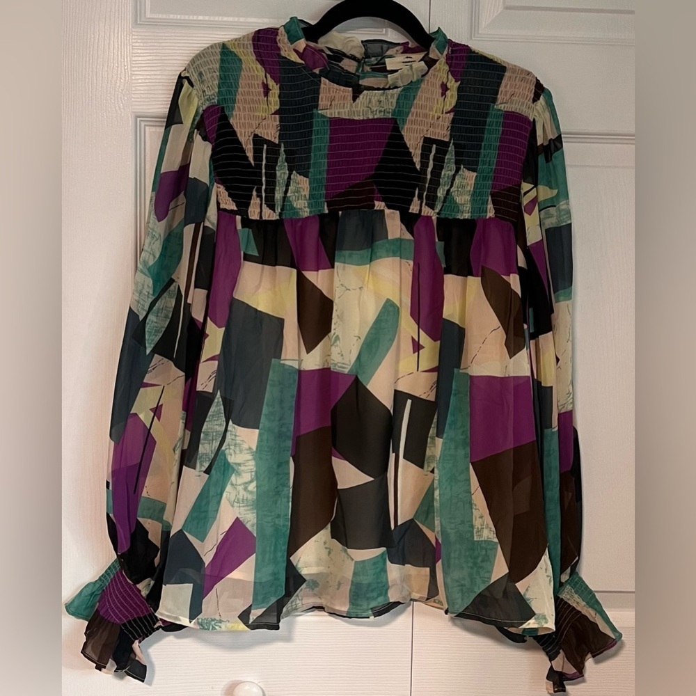 Women's Entro Abstract Geo-Print Long Sleeve Blouse in Purple, Teal & Black